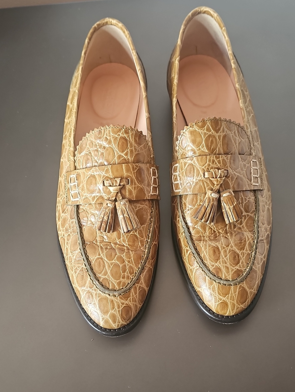 J. Crew Crocodile Embossed Tassel Loafers Safar Green Made Italy Sz 9.5 Tassels